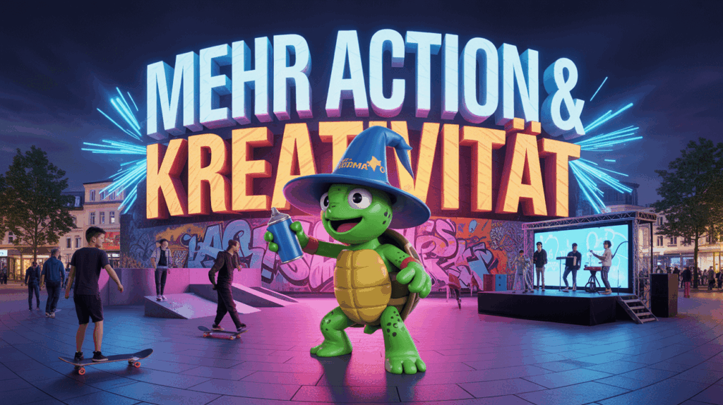 Eine Comic-Illustration zum Thema 'Mehr Action & Kreativität': Die Schildkröte Krama sprüht als Hauptkünstlerin mit einer Spraydose den letzten bunten Strich auf eine große, legale Graffiti-Wand. Um sie herum ist eine belebte Szene mit Jugendlichen, die auf Skate-Rampen fahren und einer Band, die auf einer kleinen Bühne spielt. Die Atmosphäre ist energiegeladen und kreativ.